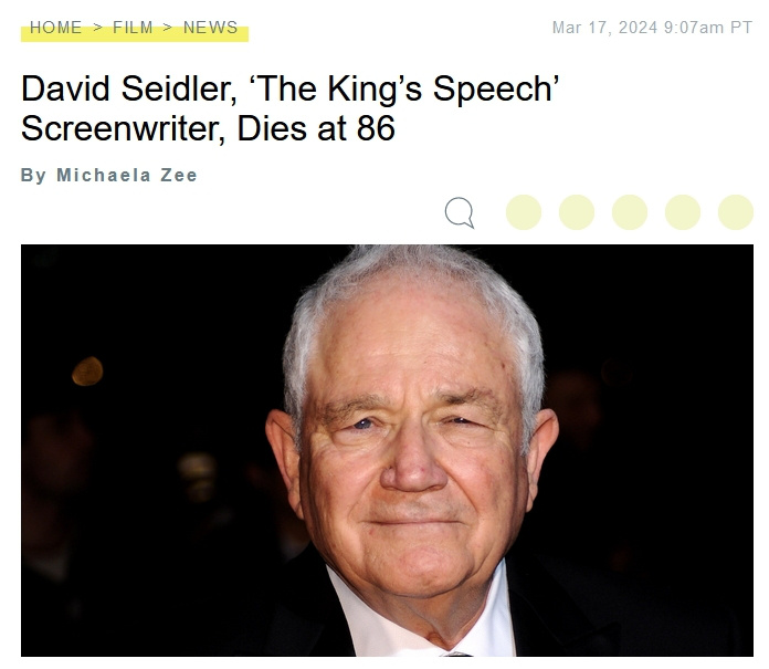 《国王的演讲》编剧大卫·塞德勒去世，享年86岁，曾荣获奥斯卡最佳原创剧本奖
