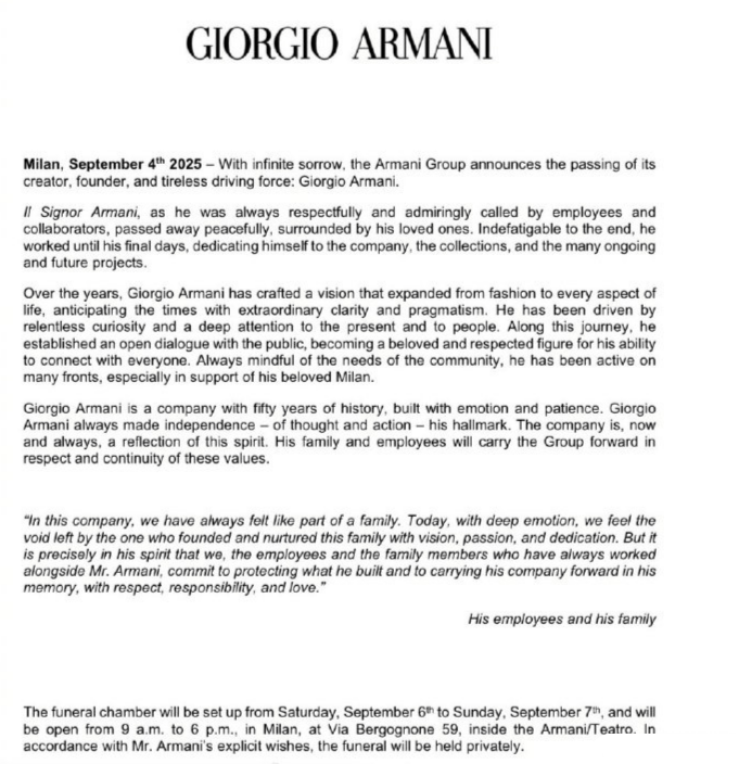 91岁时尚大师乔治·阿玛尼离世,章子怡、童瑶发文哀悼-2 91岁时尚大师乔治·阿玛尼离世,章子怡、童瑶发文哀悼-2